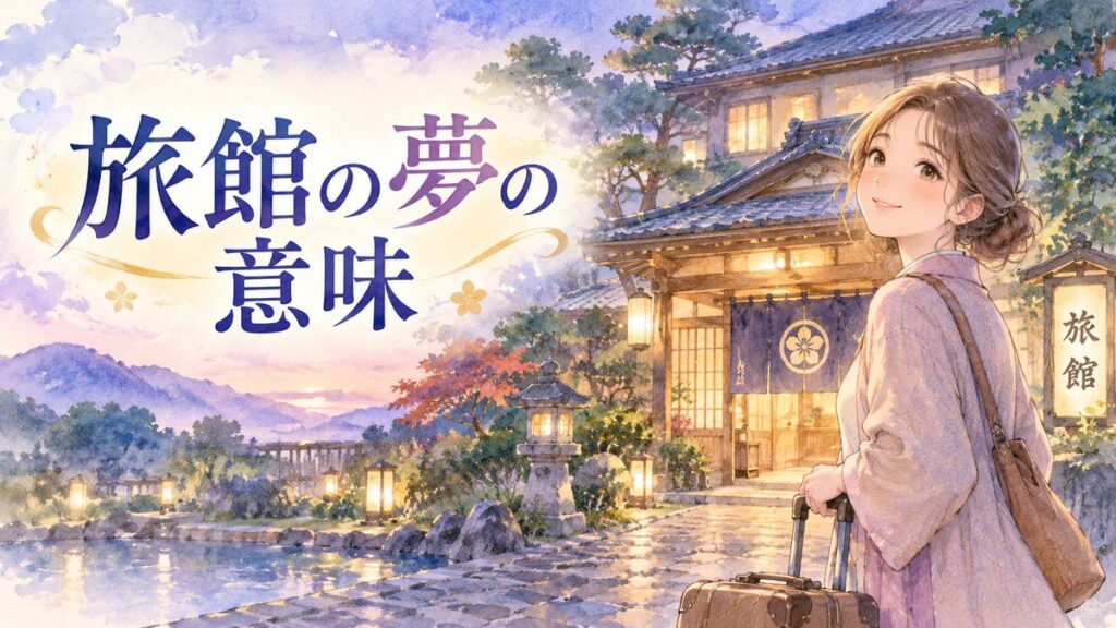 幻想的な和風旅館を前に微笑む大人の女性と温かな玄関の光