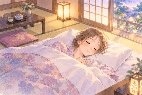 旅館の和室で布団に入り安心して眠る大人の女性