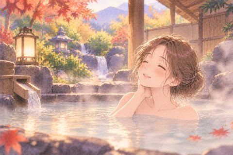 旅館の露天風呂で肩まで湯につかり安らぐ大人の女性