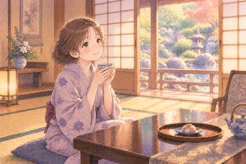 旅館の和室で座布団に座りお茶を飲んでくつろぐ大人の女性