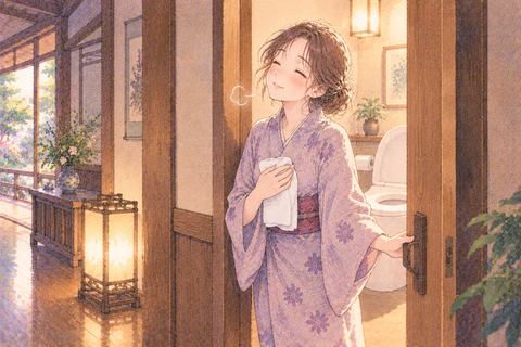 旅館の清潔なトイレから出てほっとする大人の女性