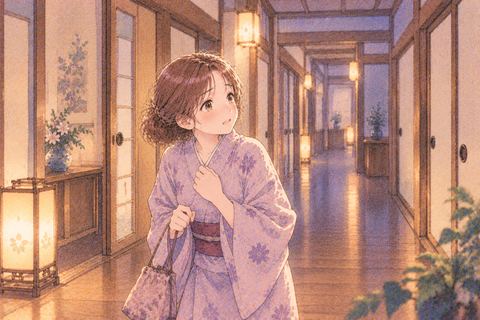 旅館の長い廊下でトイレを探して困る大人の女性