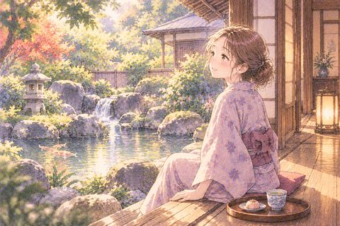 一人で泊まった旅館の縁側で庭を眺める大人の女性