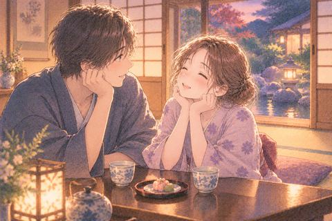 旅館の和室で恋人と並んで座り笑顔で話す大人の女性
