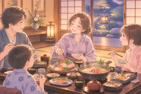 旅館の和室で家族と食卓を囲み微笑む大人の女性