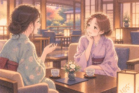 旅館の共有スペースで初対面の女性と話す大人の女性