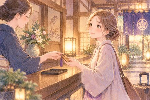 旅館の受付で客室の鍵を受け取る大人の女性