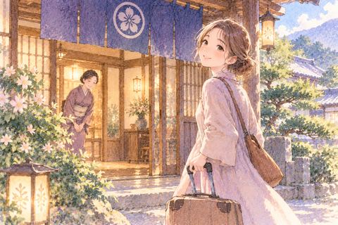 旅館の玄関から旅行鞄を持って出発する大人の女性