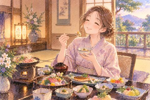 旅館の和室で彩り豊かな和食を楽しむ大人の女性