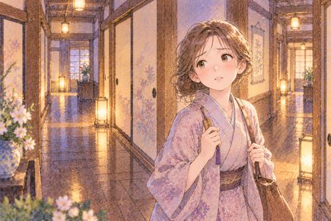 入り組んだ旅館の廊下で客室を探して戸惑う大人の女性
