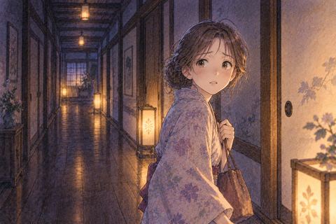 薄暗い旅館の廊下で物音に気づき不安そうに振り返る大人の女性