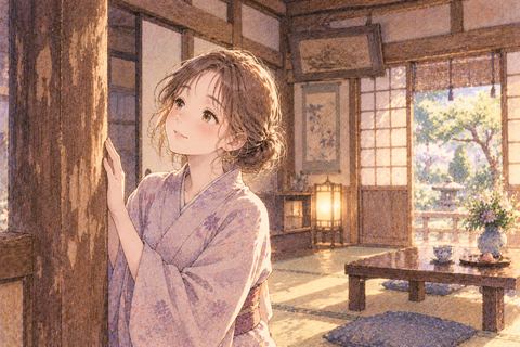 古い旅館の畳の部屋で懐かしそうに木の柱を眺める大人の女性