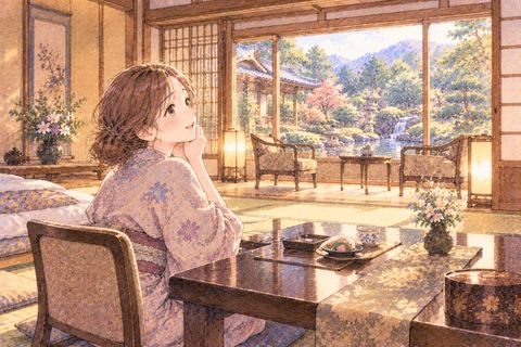 豪華な旅館の広い和室と庭園を眺めて喜ぶ大人の女性