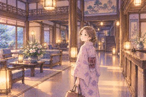 人のいない旅館の広いロビーで周囲を見渡す大人の女性