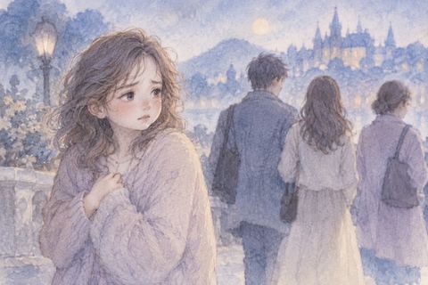 背を向ける人々を悲しそうに見る大人の女性