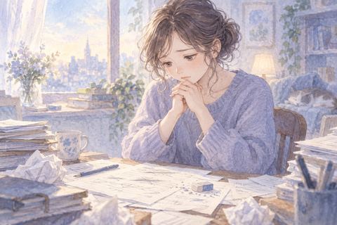 失敗した書類を前にうつむく大人の女性