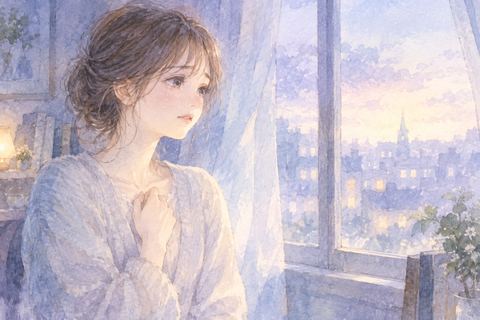 理由もなく涙ぐみながら窓辺に立つ大人の女性