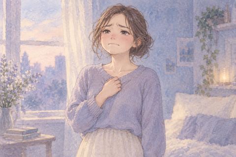 涙をこらえて苦しそうに立つ大人の女性