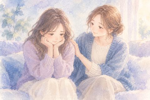 落ち込む大人の女性を隣の人が優しく慰める場面