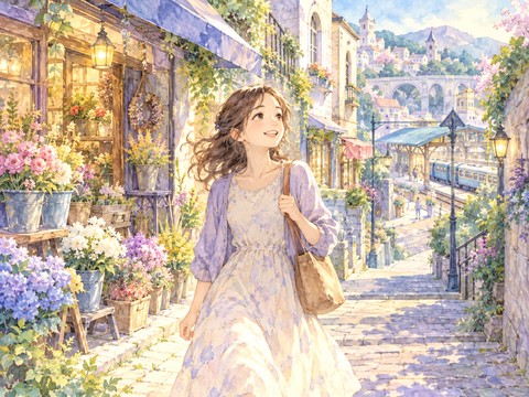 花屋のある知らない街を楽しそうに歩く女性