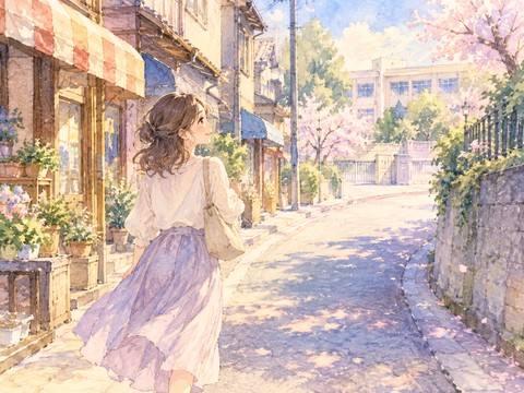 昔の通学路を懐かしそうに歩く大人の女性