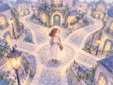 似た道が分かれる交差点で迷う女性