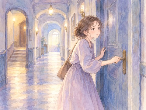 出口の扉が開かず不安そうに立つ女性