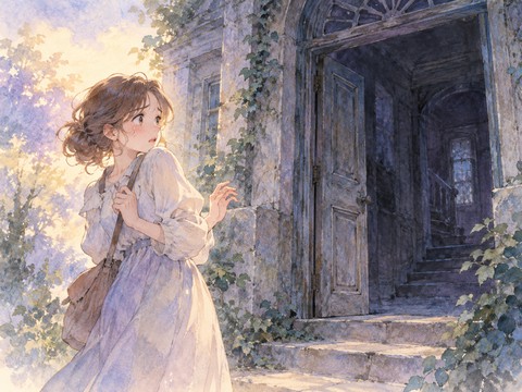 薄暗い建物の入口を怖がって後ずさる女性