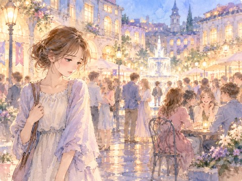 賑やかな街で一人寂しそうに佇む女性