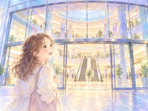 見知らぬショッピングモールの入口に立つ女性