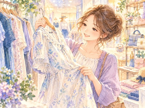 ショッピングモールで気に入った洋服を選ぶ女性
