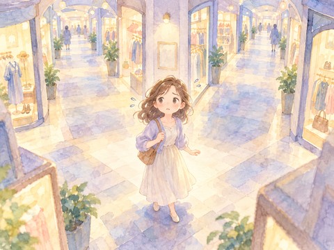 似た通路が続くショッピングモールで迷う女性