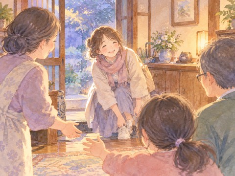 懐かしい実家の玄関で家族に迎えられる女性