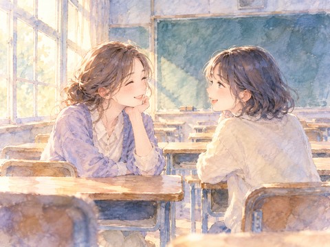 昔の教室で懐かしい友人と微笑み合う女性