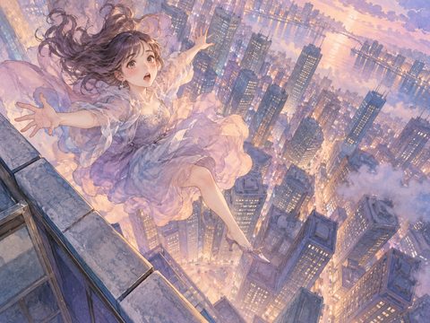 高い建物の縁から足を踏み外し、空中へ落ちる人物