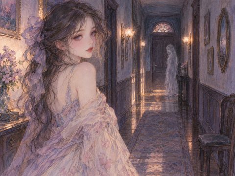 暗い廊下で振り返る女性と、奥にたたずむ半透明の幽霊