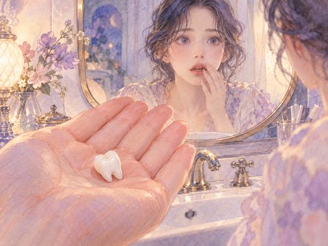 抜けた歯を手のひらに載せ、鏡を見て驚く女性