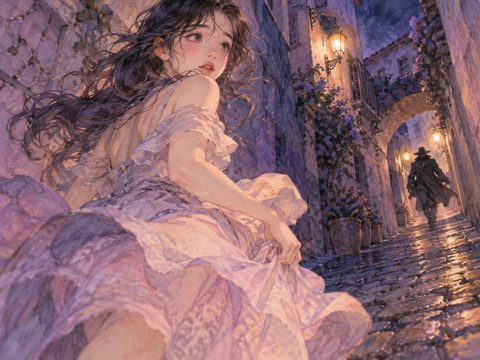 夜の路地を必死に走る女性と、後方から迫る人影