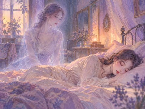 静かに横たわる自分の姿を、光の中から見つめる女性