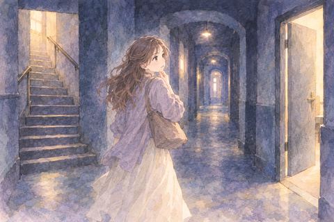 暗い建物で出口を探す大人の女性