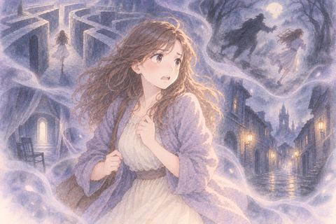 異なる怖い場面が周囲に浮かぶ大人の女性