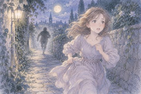 背後の人影から逃げる大人の女性