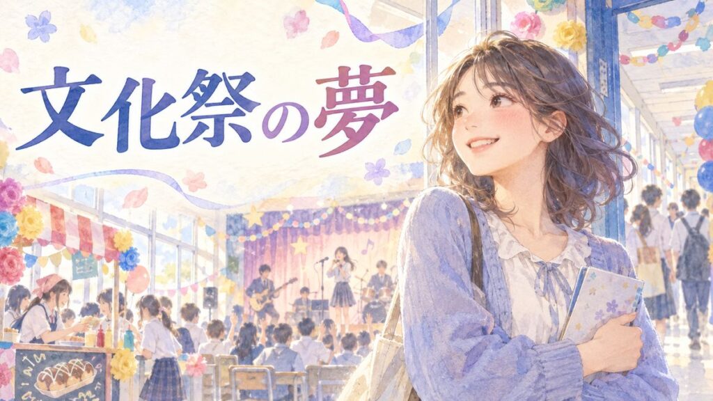 文化祭の飾り付けた教室で笑顔を浮かべる大人の女性とにぎやかな出し物