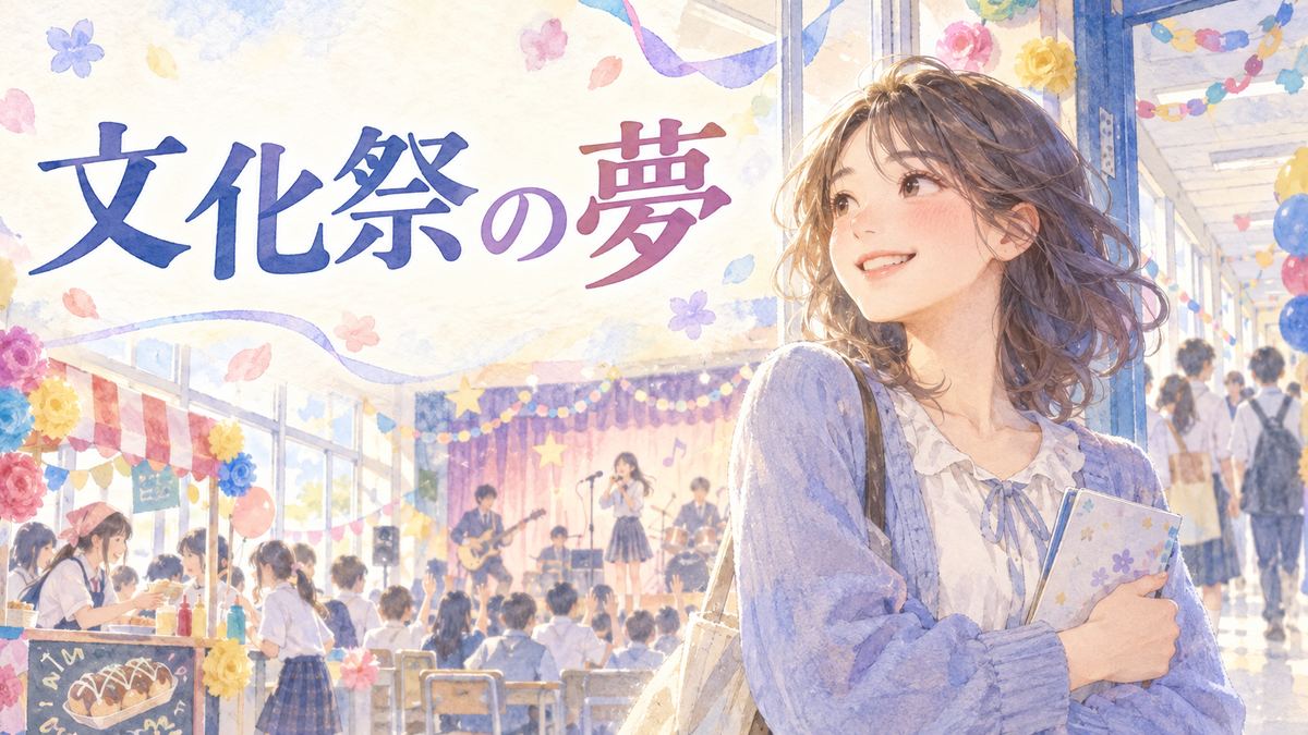 文化祭の飾り付けた教室で笑顔を浮かべる大人の女性とにぎやかな出し物