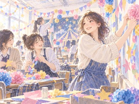友達と笑いながら文化祭の教室を飾り付ける女性
