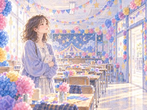 中止になった文化祭の飾り付けた教室で寂しそうに立つ女性