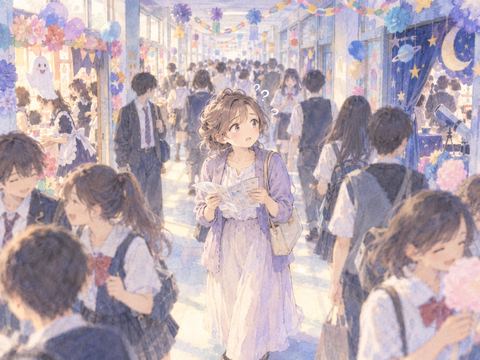 文化祭の混雑した廊下で教室を探して迷う女性