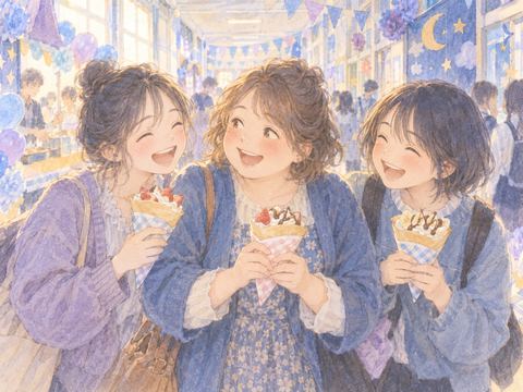 文化祭の模擬店で友達と笑いながら食べ歩く女性