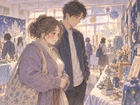 文化祭の展示を好きな男性と並んで眺める女性