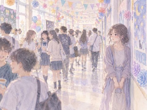 友達同士でにぎわう文化祭の廊下に一人で立つ女性